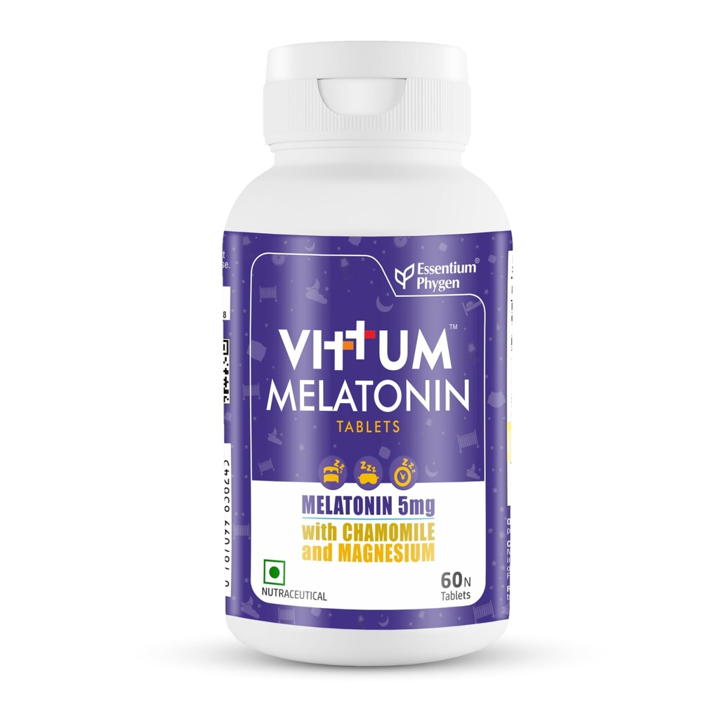 VITTUM MELATONIN 5mg | with Magnesium & Chamomile | Supports Sleep, Stress Relief, Anxiety Reduction & Jet Lag Recovery | 60 Tablets