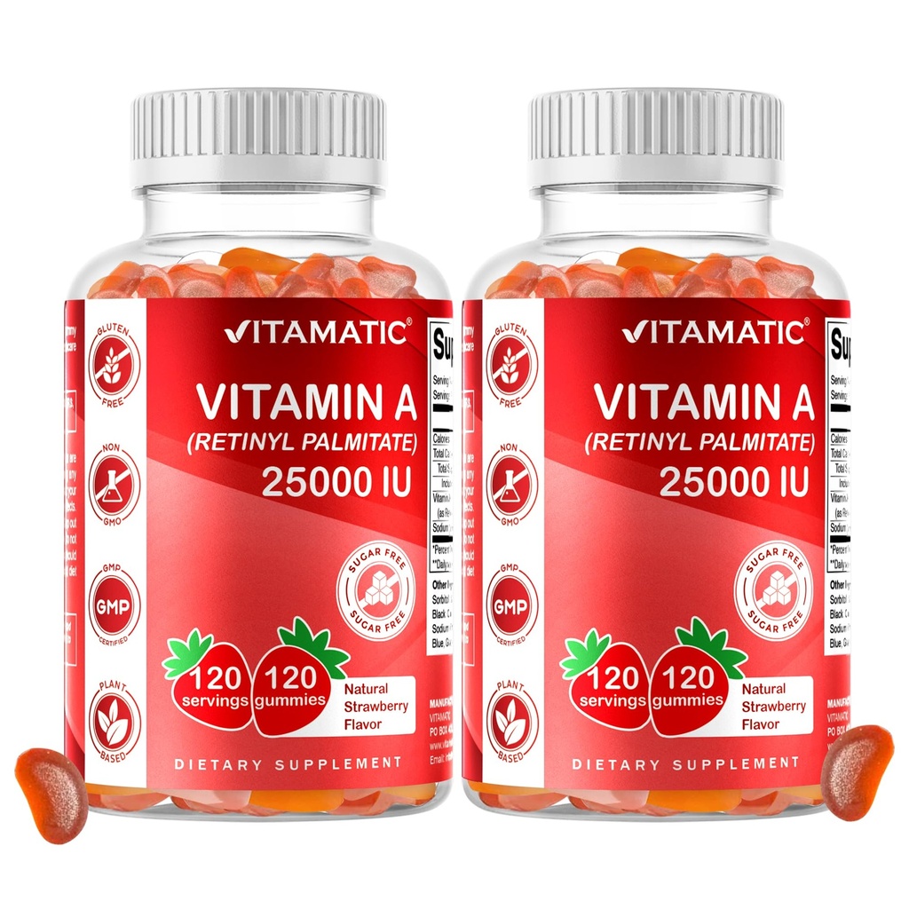 Vitamine sans sucre Vitamine A 25000 UI Gommies ( Palmitate de rétinyle) - Saveur naturelle de fraise - 120 Gommies à base de pectines (2 bouteilles)