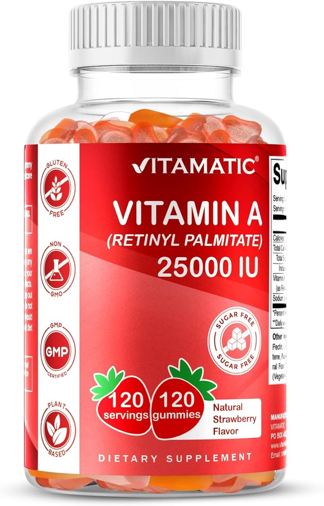 Vitamine sans sucre Vitamine A 25000 UI Gommies ( Palmitate de rétinyle) - Saveur naturelle de fraise - 120 Gommies à base de pectines (2 bouteilles)