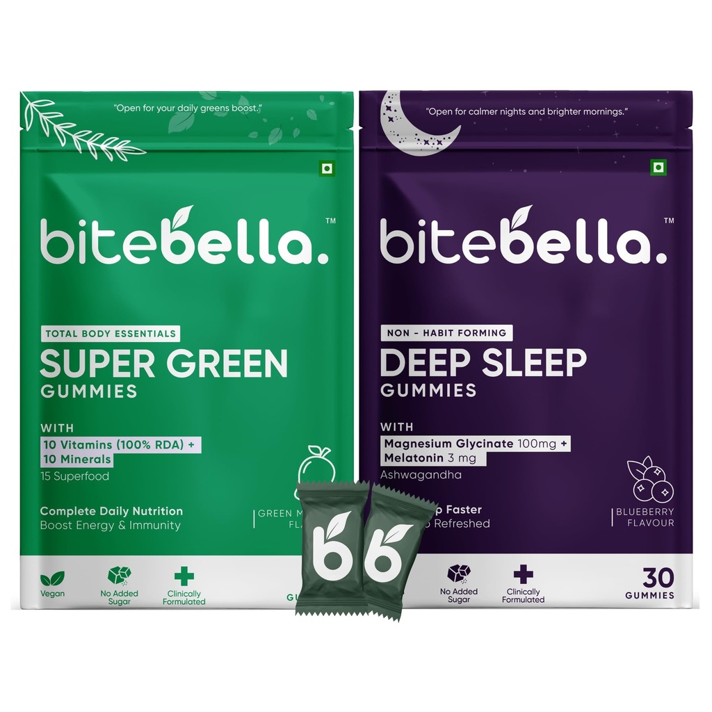The Foundation Bundle | Super Green + Deep Sleep Gummies | 10 Vitamin + 10 Minerals + 15 Superfoods | Melatonin 3mg + Magnesium Glycinate 100mg | Vegan, No Added Sugar | (30+30)