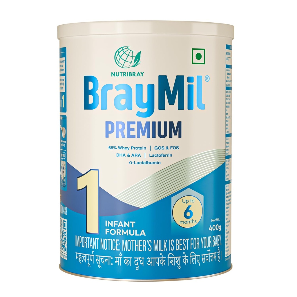 Braymil Premium 1 Infant Formula |65% Whey Protein|GOS & FOS, DHA & ARA| Lactoferrin & α - Lactalbumin | for 0 to 6 Months baby | Tin pack 400 gm