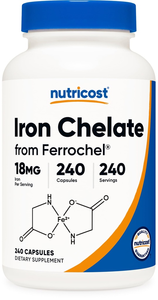 Nutricost Fer chélaté (de Ferrochel) 18mg, 240 Capsules - Sans gluten, Supplément de chélate de fer non OGM