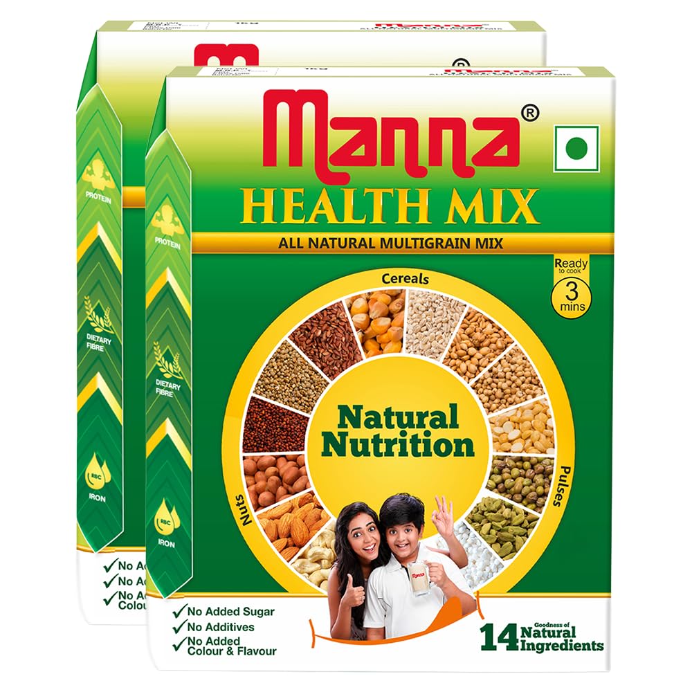 Manna Health Mix 2 Kg, All Natural Nutrition Drink, with 14 ingredients, Zero Sugar. Natural Nutrition 1 Kg (Pack of 2)