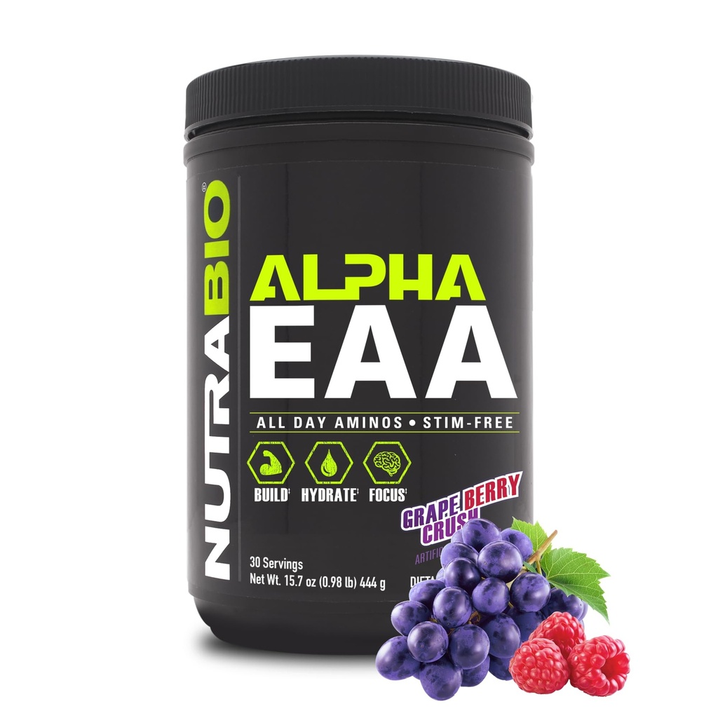 NutraBio Alpha EAA - Acides aminés toute la journée pour la croissance et l'hydratation musculaires - Acides aminés essentiels avec nootropiques et adaptogènes- Full Spectrum EAA BCAA Poudre - 30 portions - Crush aux raisins
