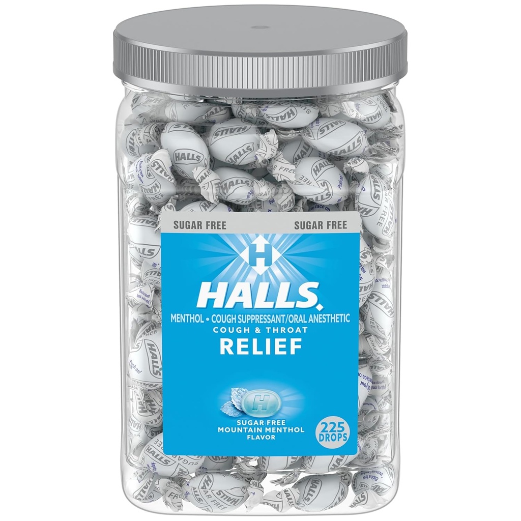 Halls Relief Mountain Mentol gouttes sans sucre de toux, gouttes en vrac de toux, 225 gouttes