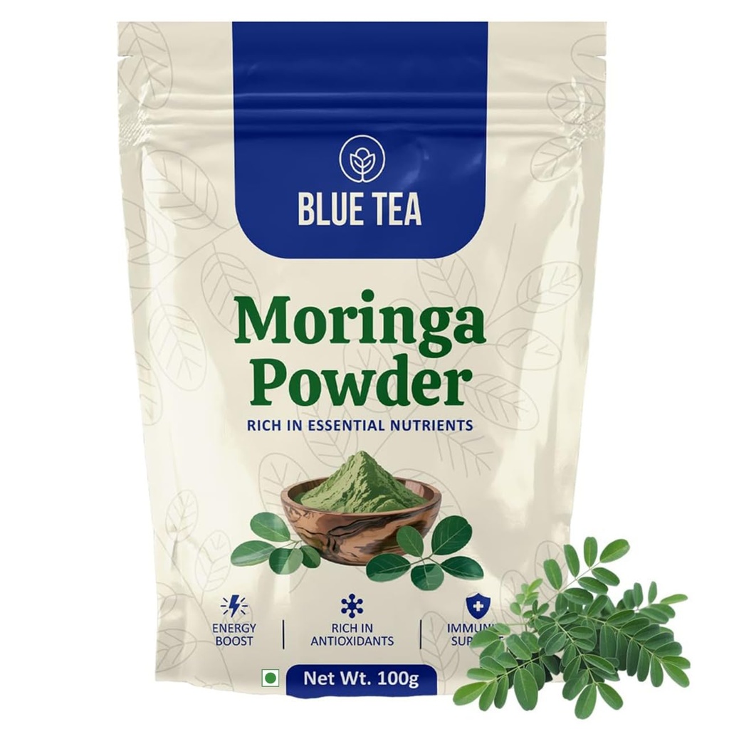 BLUE TEA - Moringa Powder - 100 gm | Essential Nutrients | Superfood | Rich in Vitamins & Minerals | Naturally Boosts Energy and Overall Health | Drumstick Leaf Powder | Ziplock Pack