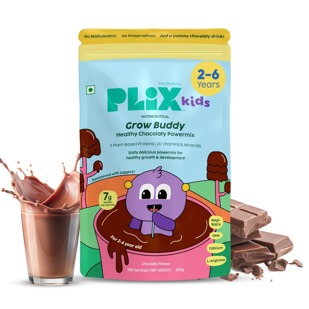 PLIX™ Kids GrowBuddy Chocolaty Powermix | 7g Protein | 20 Vitamins & Minerals | Ragi & Bajra | Supports Overall Health & Development | Healthier Growth & Stronger Bones | Best Protein Powder for Kids | Chocolate Flavour | 2+ Years (Pack of 1)