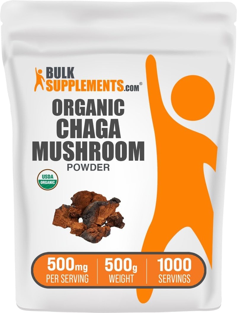 BulkSupplements.com Poudre de champignons de Chaga bio - Supplément de champignons de Chaga, supplément super-alimentaire - Vegan & sans gluten, 500mg par portion, 500g (1,1 lb) (paquet de 1)