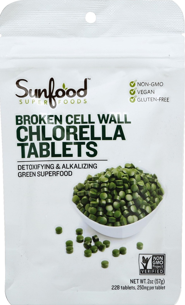 Sunfood Superfoods Chlorella Comprimés - Chlorophylle, Supplément Chlorella, Pilules de chlorophylle, Capsules d'algues murales brisées, Non OGM, Vegan - 2 oz Sac