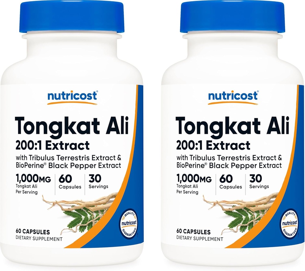 Nutricost Tongkat Ali 1 000 mg, 60 capsules (2 bouteilles) - 30 portions par bouteille, capsules de légumes, non-OGM, sans gluten