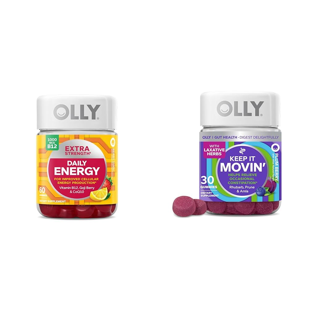Gummy d'énergie quotidienne avec vitamine B12, CoQ10, Goji Berry, 60 Count & Keep it Moving Constipation Relief Gummy avec Rhubarb, Prunes, Amla, 30 Count