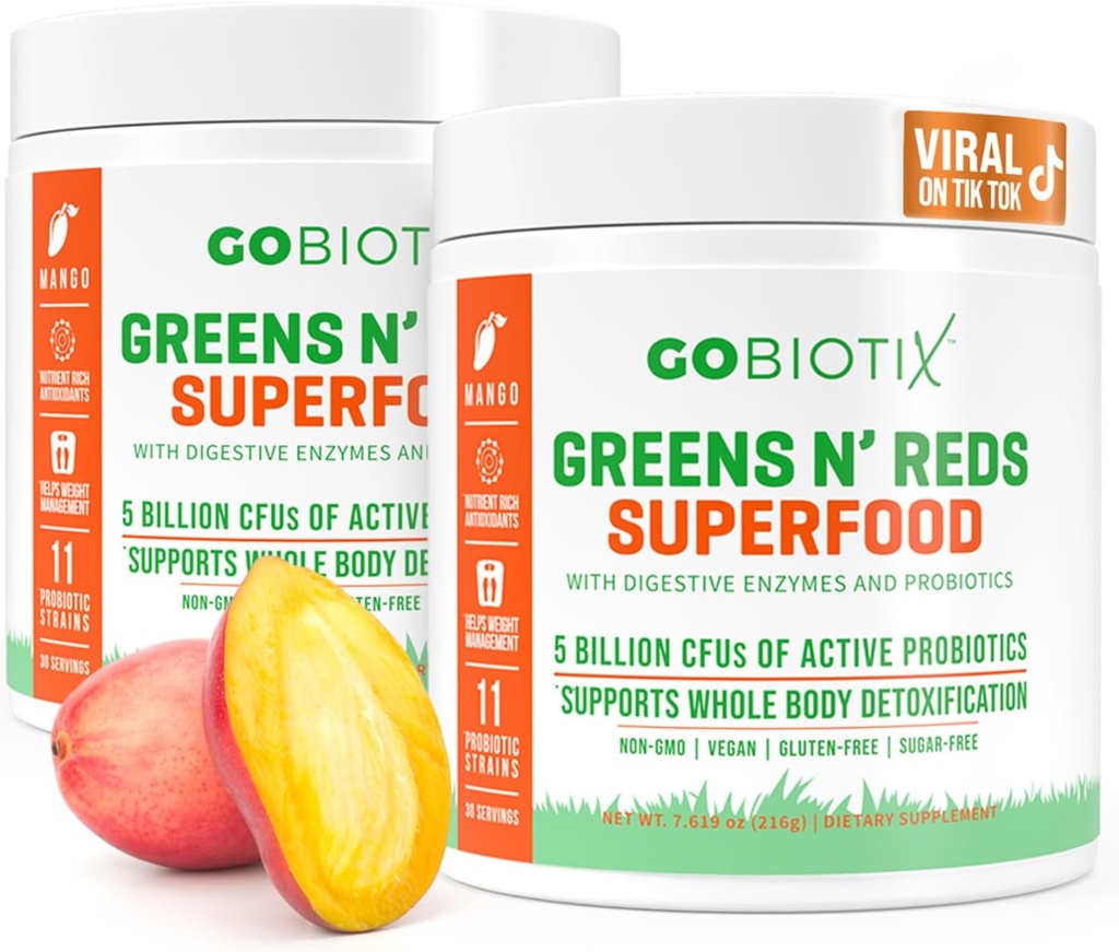 GOBIOTIX Super Greens and Reds Powder - Red and Green Superfood - Supplément probiotique - Enzymes digestifs et poudre de racine de betterave - Complément alimentaire biologique entier (Mango, 2 Pack)