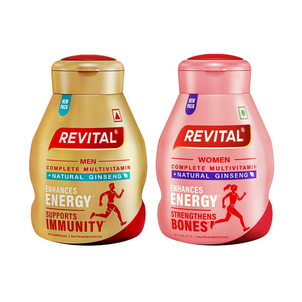 Revital Women & Men Multivitamins, Calcium, Zinc & Natural Ginseng for Daily Immunity Strong Bones, and Enhances Energy Level - 30s Combo | Pack of 2
