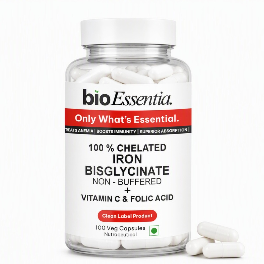 BioEssentia Iron Bisglycinate 29 mg | 100% Chelated & Non-Buffered Iron | With Vitamin C & Folic Acid | Highly Bioavailable | 100% RDA | Clean Label | 100 Veg Capsules