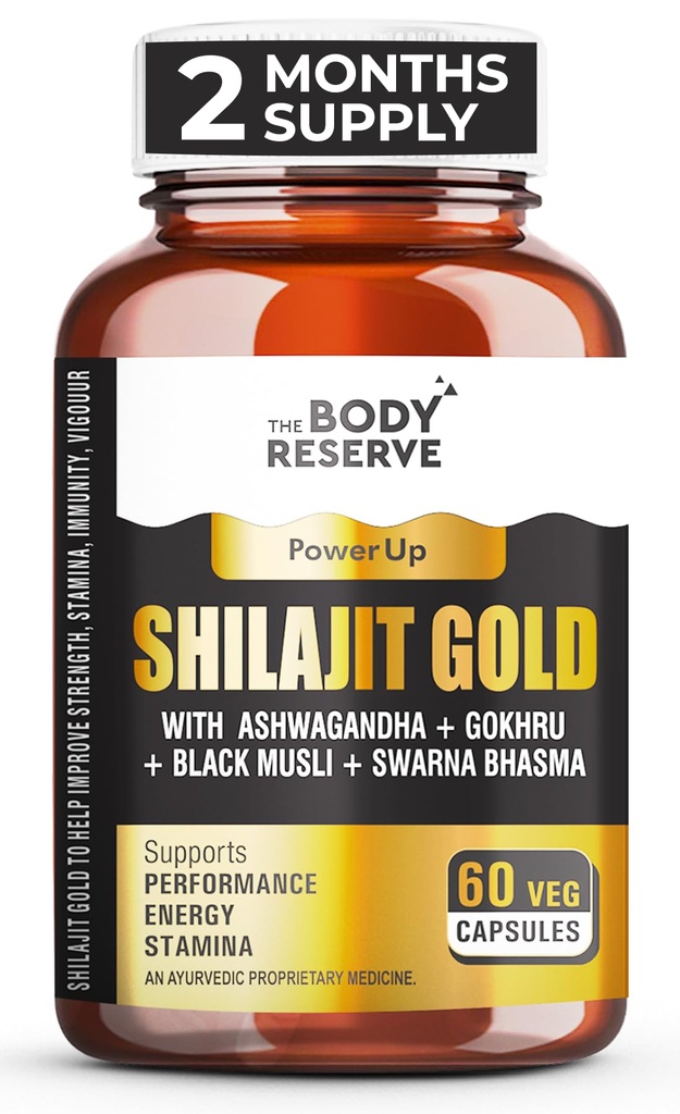 The Body Reserve Shilajit Gold Capsules For Men Himalayan Shilajeet With 24 Carat Gold, Gokshura, Ashwagandha, Kali Musli & Other Herbs For Stamina, Muscle Growth & Energy Ayurvedic 60 Veg Capsules