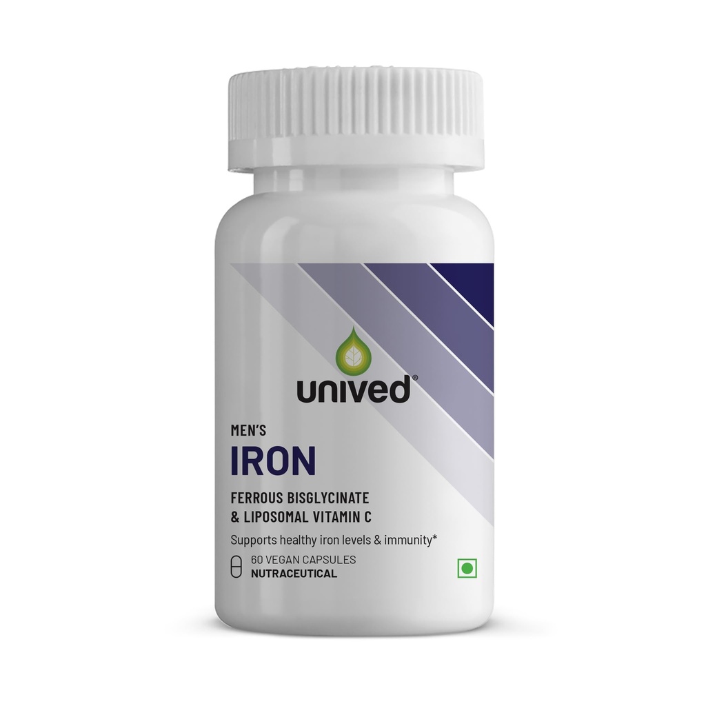 Unived Men’s Iron Supplement | 21mg Ferrous Bisglycinate + 80mg Liposomal Vitamin C | 100% RDA Iron & Vitamin C | High Absorption, Gentle on Stomach | Vegan | 60 Capsules
