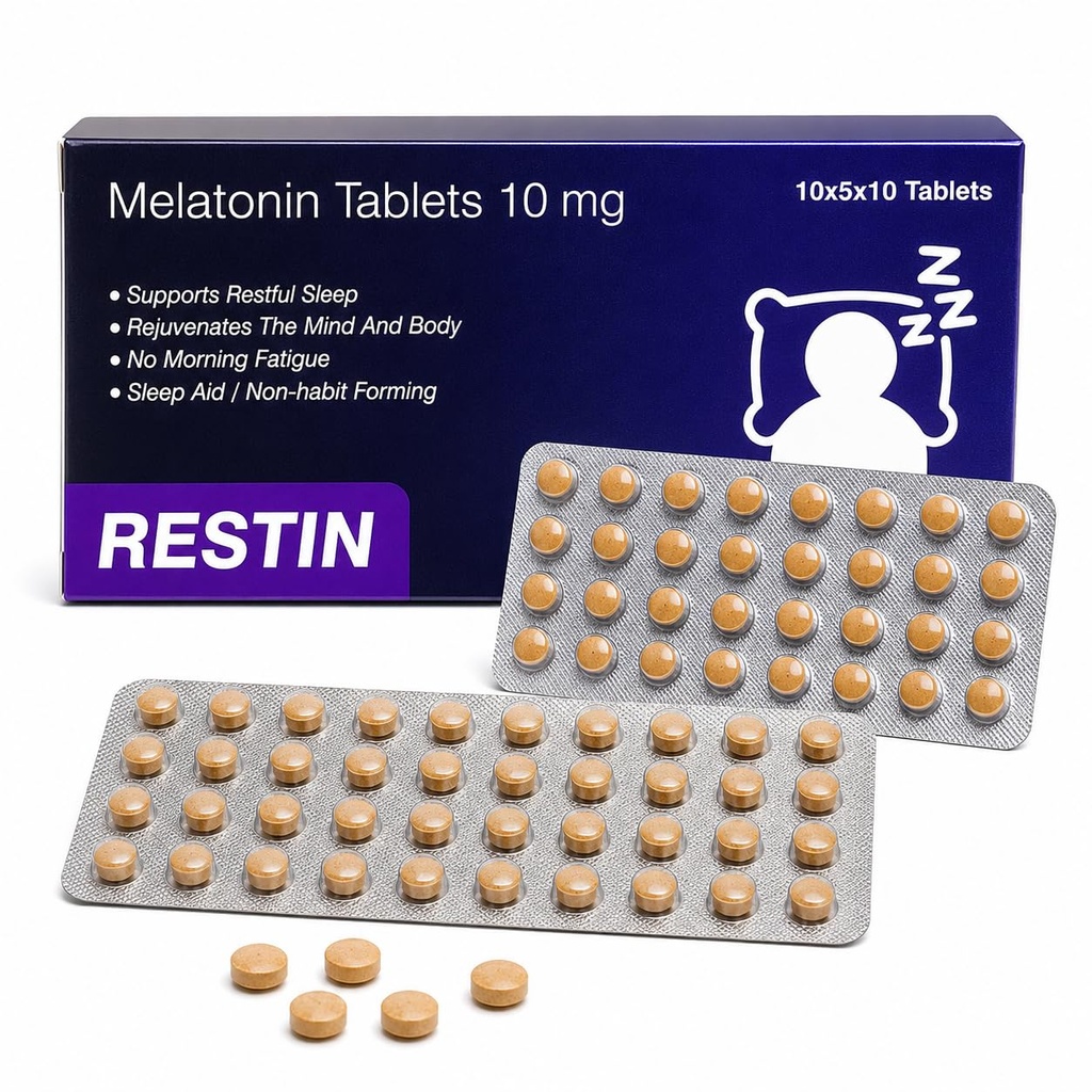 RESTIN SLEEPING MELATONIN TABLETS 10 MG FOR MEN AND WOMEN | Deep Sleep Oral Dissolving Mini Mints Effervescent Supporting Restful Sleep | (10 x 5 Tablets) 50 PC