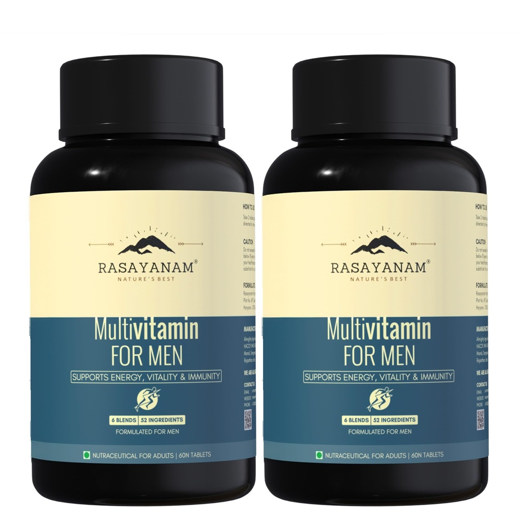 Rasayanam Multivitamin for Men | 52 Ingredients with 100% RDA of Vitamins & Minerals | Energy, Immunity, Performance, Bone, Joint & Heart Health | Daily Multivitamin Tablet for Men - 120 Tablets (Pack of 2)
