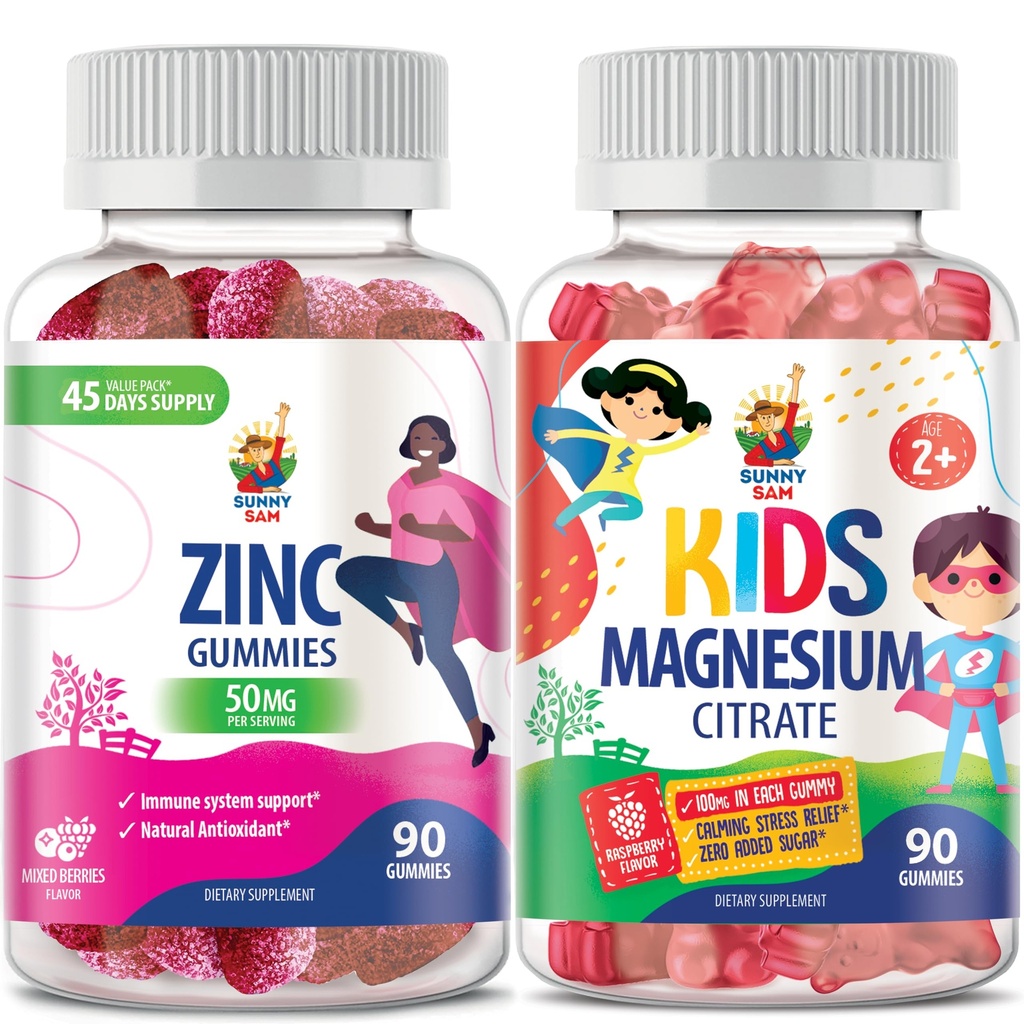 SUNNY SAM Zinc Gummies pour Adultes & Magnésium Gummies pour Enfants & Adultes - 100mg - Calme Magnésium Chews