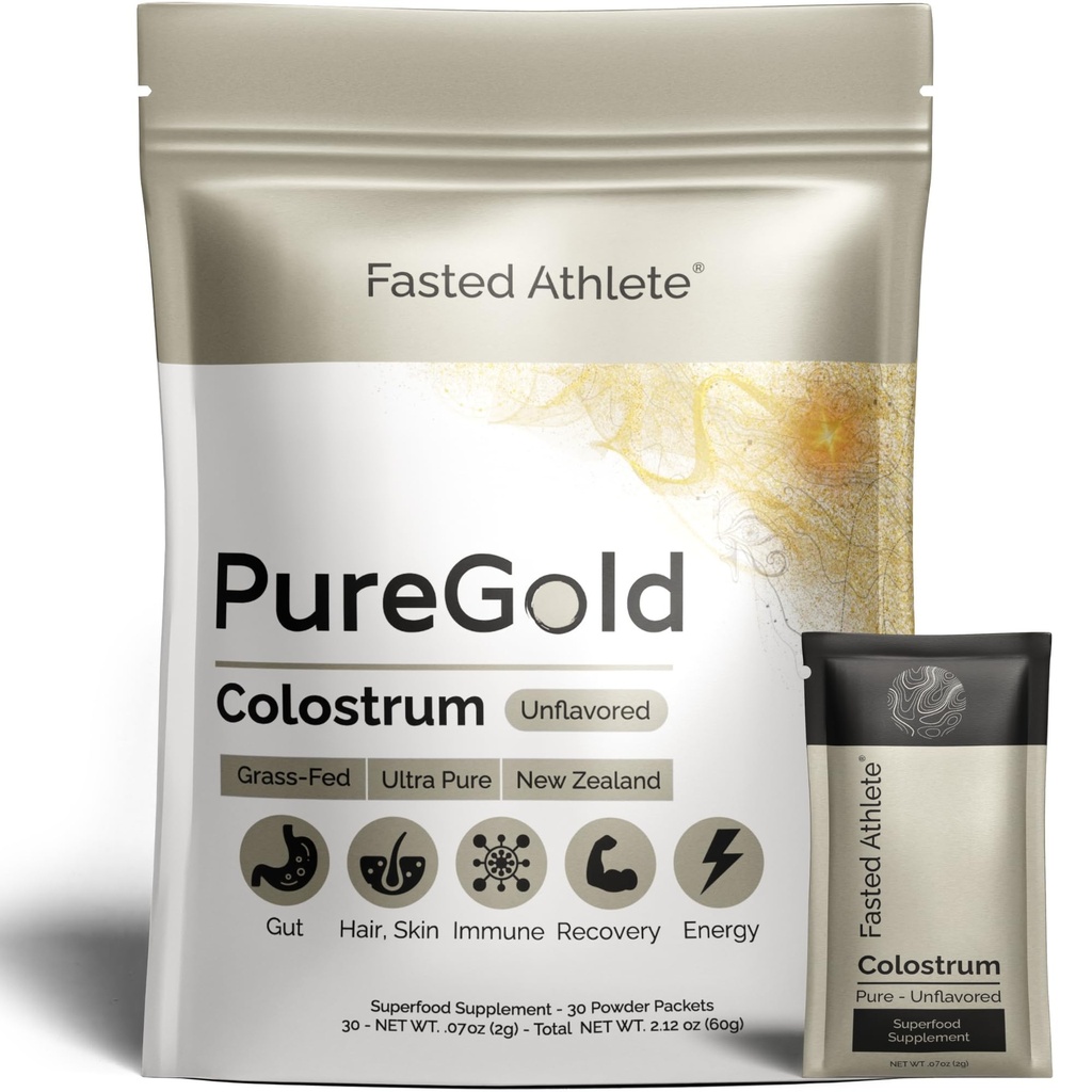 Athlète à jeun - PureGold Colostrum – Poudre de colostrum alimentée à l'herbe soutient la santé, la peau, la récupération et l'immunité – Non aromatisé, 30 paquets mono-serve