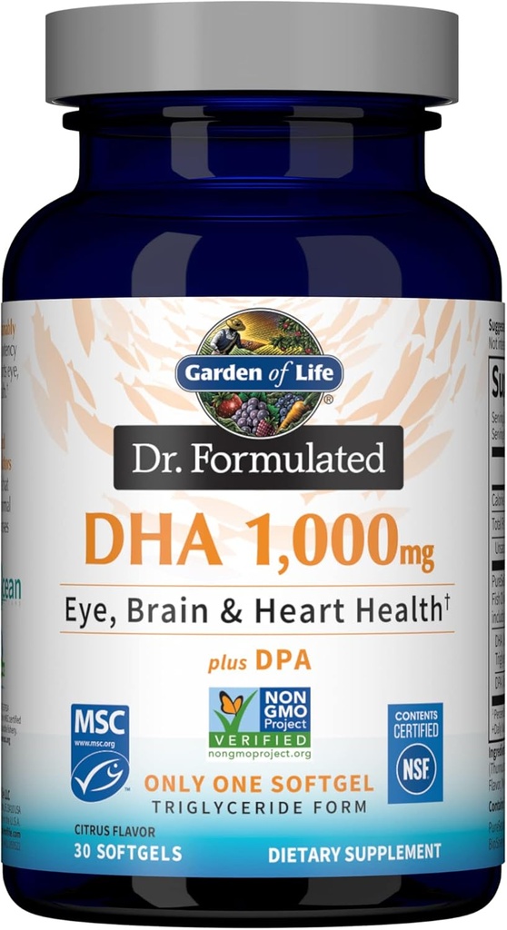Garden of Life Dr. Formulated DHA 1,000mg Fish Oil - Lemon, Once Daily 1000mg DHA + DPA in Triglyceride Form, Single Source Omega 3 Supplement for Ultimate Eye, Brain & Heart Health, 30 Softgels