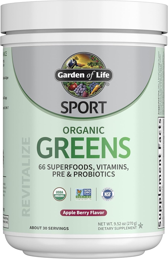 Jardin de la vie Sport Nutrition Verts et superaliments Poudre pour les femmes et les hommes - Berry de pomme, Mélange biologique - Spiruline, Fruits, Vitamines, Pré & Probiotiques, Champignons, Suppléments Athlétiques, 30 portions