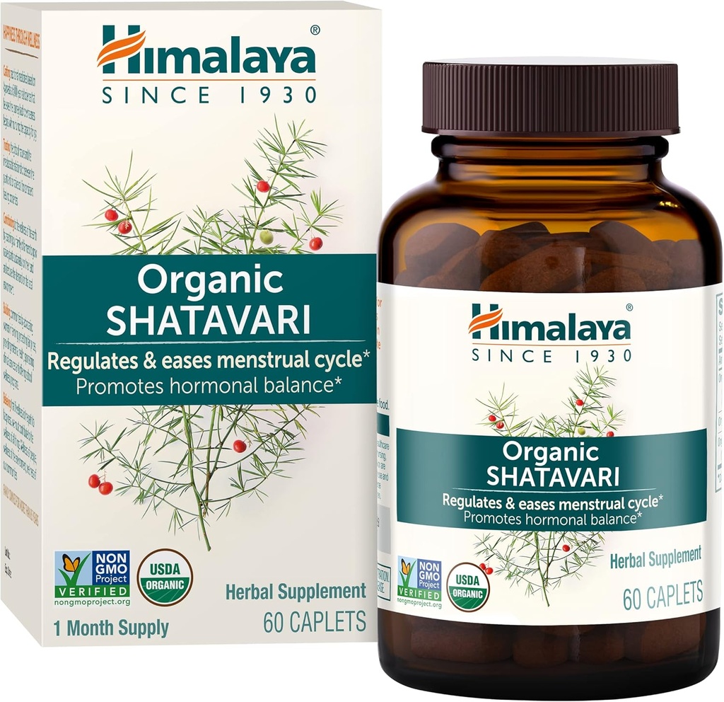 Himalaya Organic Shatavari - Promotion de l'équilibre hormonal pour les femmes et le soulagement des crampes menstruelles - USDA Organic, Vegan, sans gluten, 1300 mg, 60 Caplets