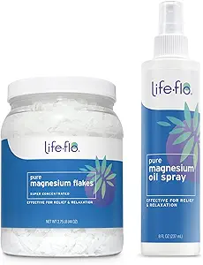 Vaporisateur d'huile de magnésium pur Life-flo de 8oz et de Magnésium Flakes pour bain 44oz - Chlorure de magnésium de Zechstein - Relief et Relaxation Bundle - Apaisant les muscles et les articulations - Garantie de 60 jours