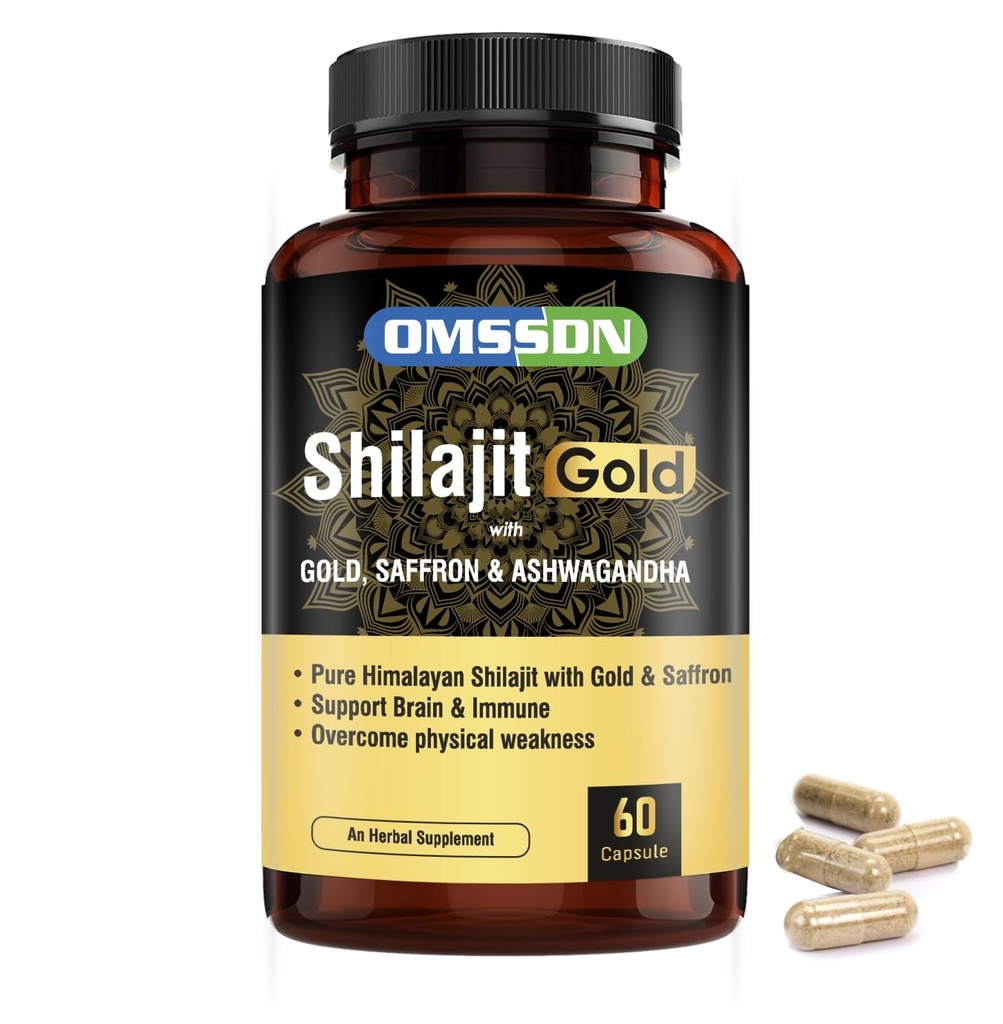 Shilajit Gold Capsules with Gold, Safron and Ashwagandha, 60 Capsules for Men and Women (Pack of 1)