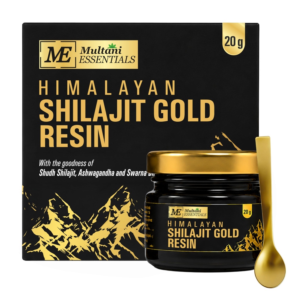 Multani Essentials Himalayan Shilajit Gold Resin 20g | 300mg/Serving | With Swarn Bhasma, Ashwagandha, Safed Musli & Haldi | Supports Stamina, Energy & Muscle Strength | 70% + Fulvic Acid For Better Absorption