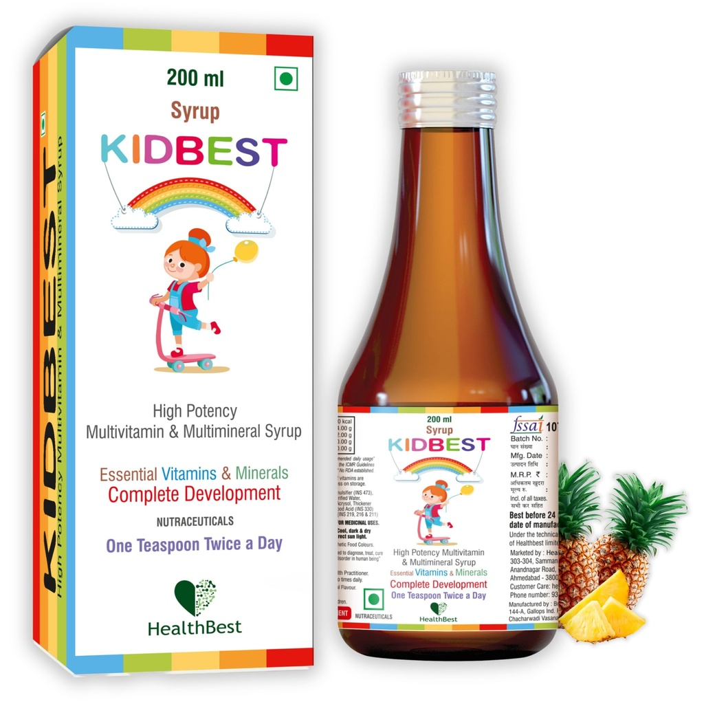 Healthbest Multivitamin Syrup For Kids - 200ml, 11 Essential Minerals, Supports Brain Development, Growth, Immunity, Boosts Energy, Vitamins A B C D E