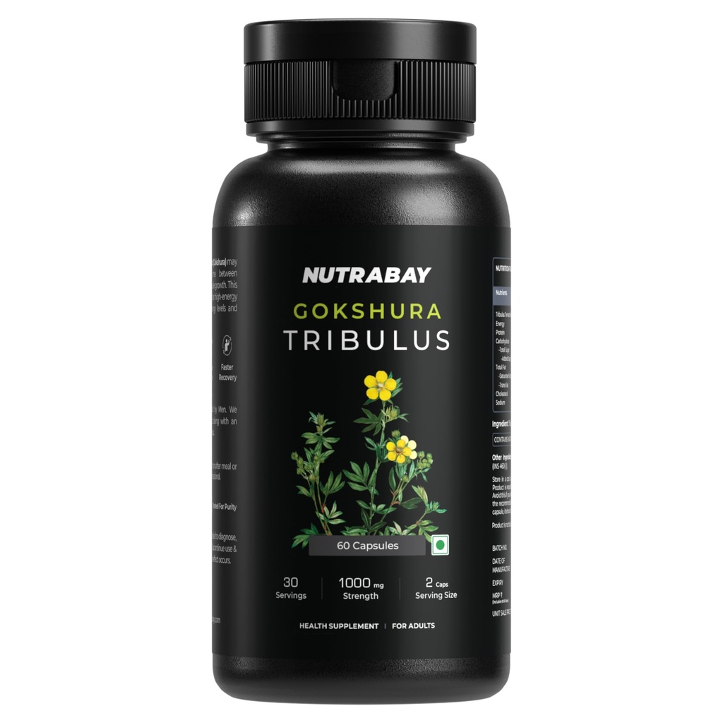 Nutrabay Wellness Tribulus Terrestries (Gokshura) - Natural Support for Energy, Performance & Stamina & Muscle Growth - 1000mg, 60 Veg Capsules