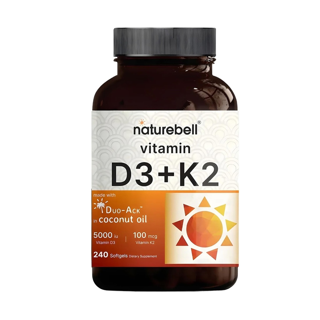 NatureBell Vitamine D3 5 000 UI + K2 100 mcg, 240 Softgels. Formule quotidienne 2-en-1 avec huile de coco vierge.