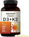 NatureBell Vitamine D3 5 000 UI + K2 100 mcg, 240 Softgels. Formule quotidienne 2-en-1 avec huile de coco vierge.