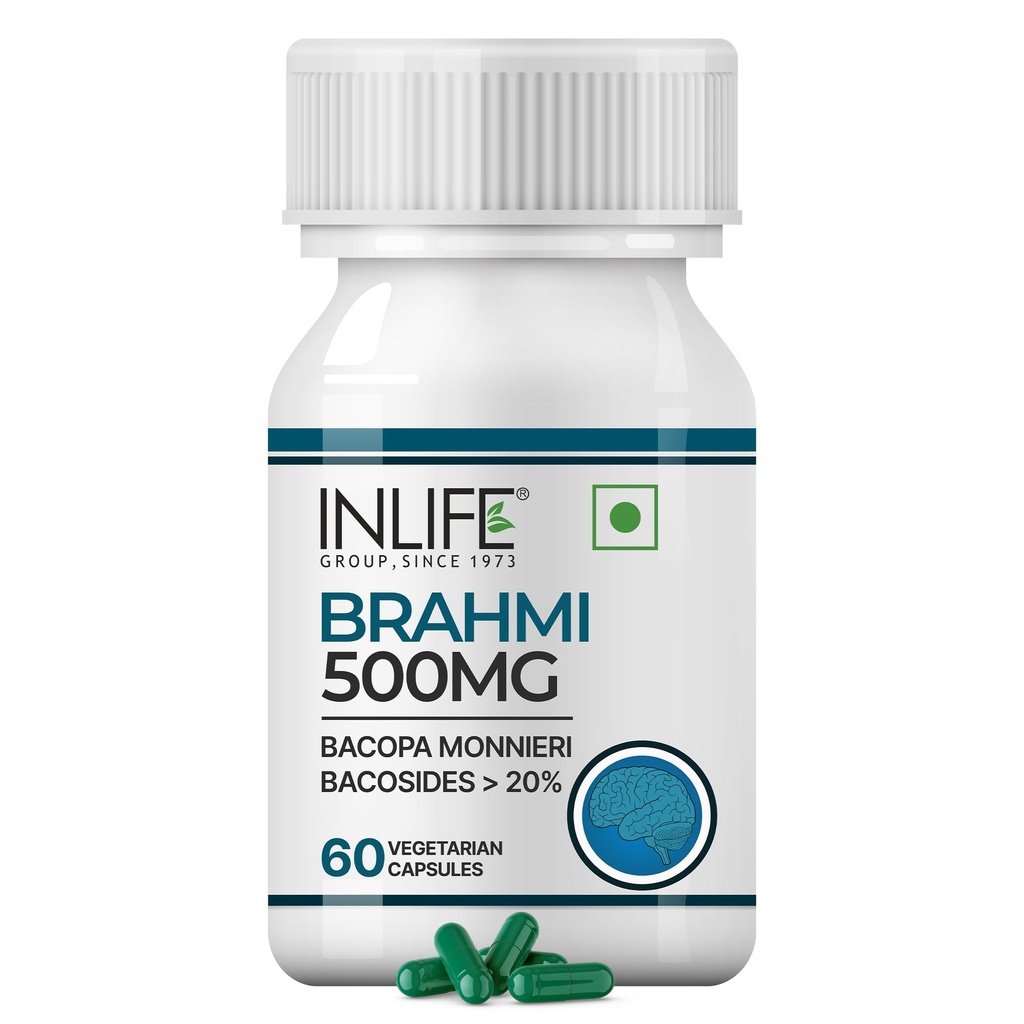 INLIFE Brahmi Extract 500mg Capsules, Bacopa Monnieri 20%, 60 Veg Caps