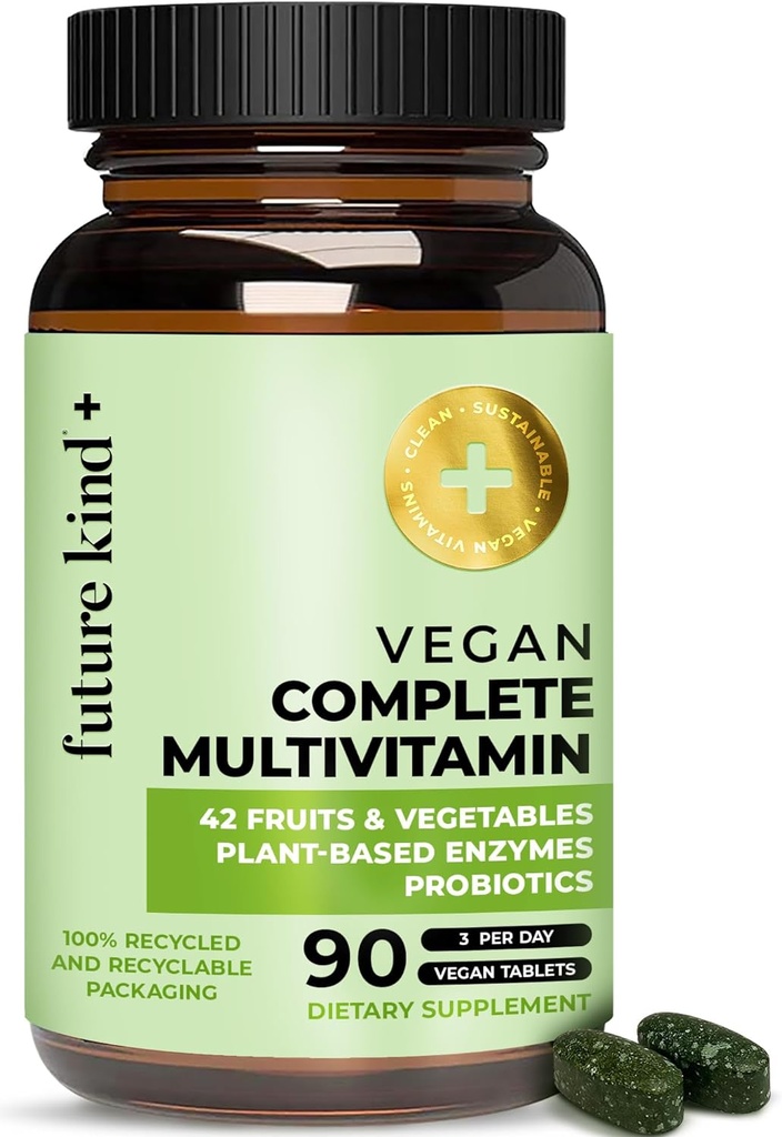 Multivitamines Vegan futures - 42-en-1 Multivitamines Vegan pour les femmes et les hommes avec enzymes, B12, zinc, et probiotiques pour la digestion (90 onglets dans bouteille recyclée)