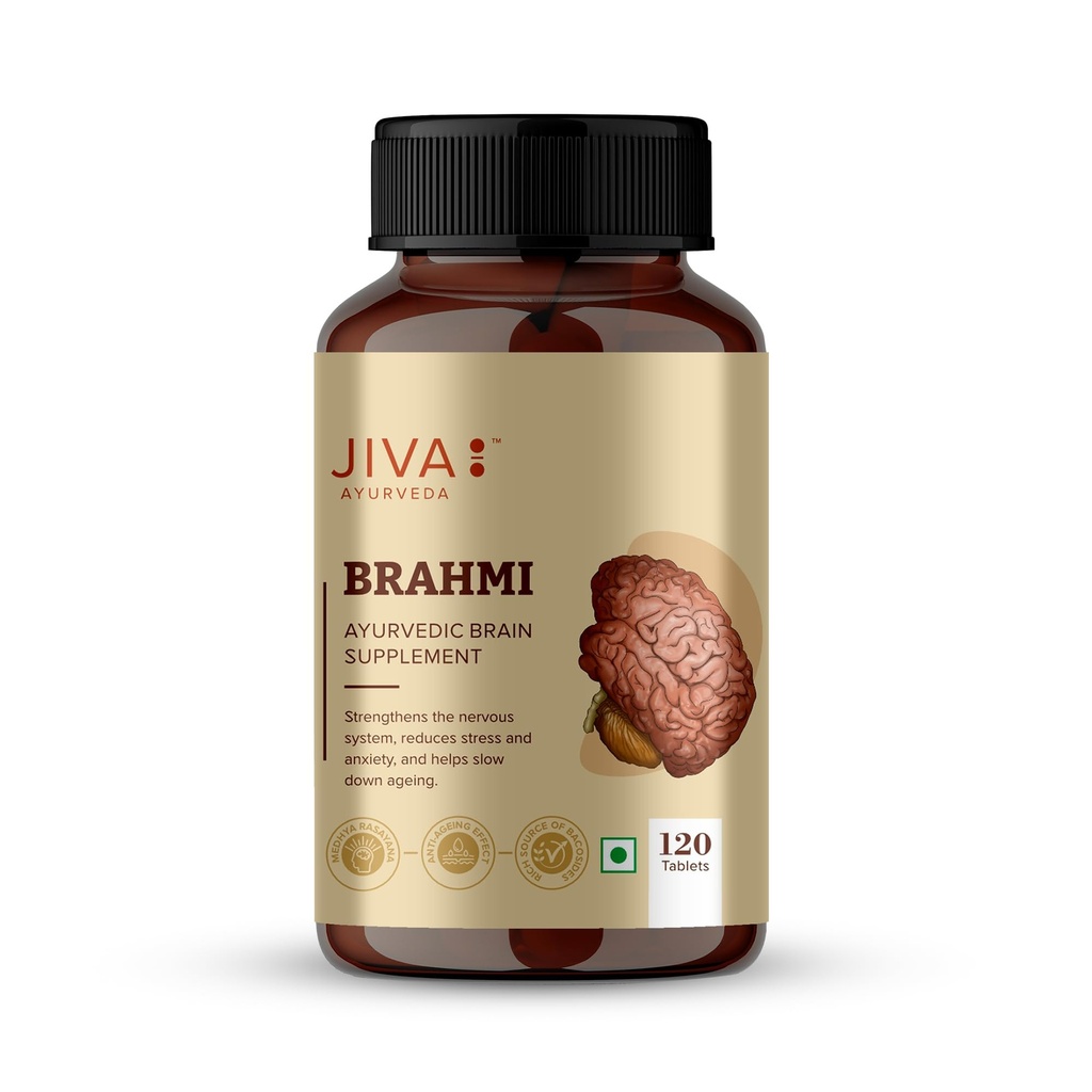 Jiva Brahmi Tablets 500mg | Ayurvedic Formulation Rejuvenates Nervous System, Reduces Stress, Anxiety And Slows Down Aging- 120 Tablets (Pack Of 1)
