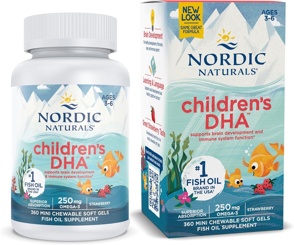 Nordic Naturals Enfants DHA, fraise - 360 Mini Gels doux à croquer pour enfants - 250 mg Oméga-3 avec EPA et DHA - Développement et fonction cérébrale - Non-OGM - 90 portions