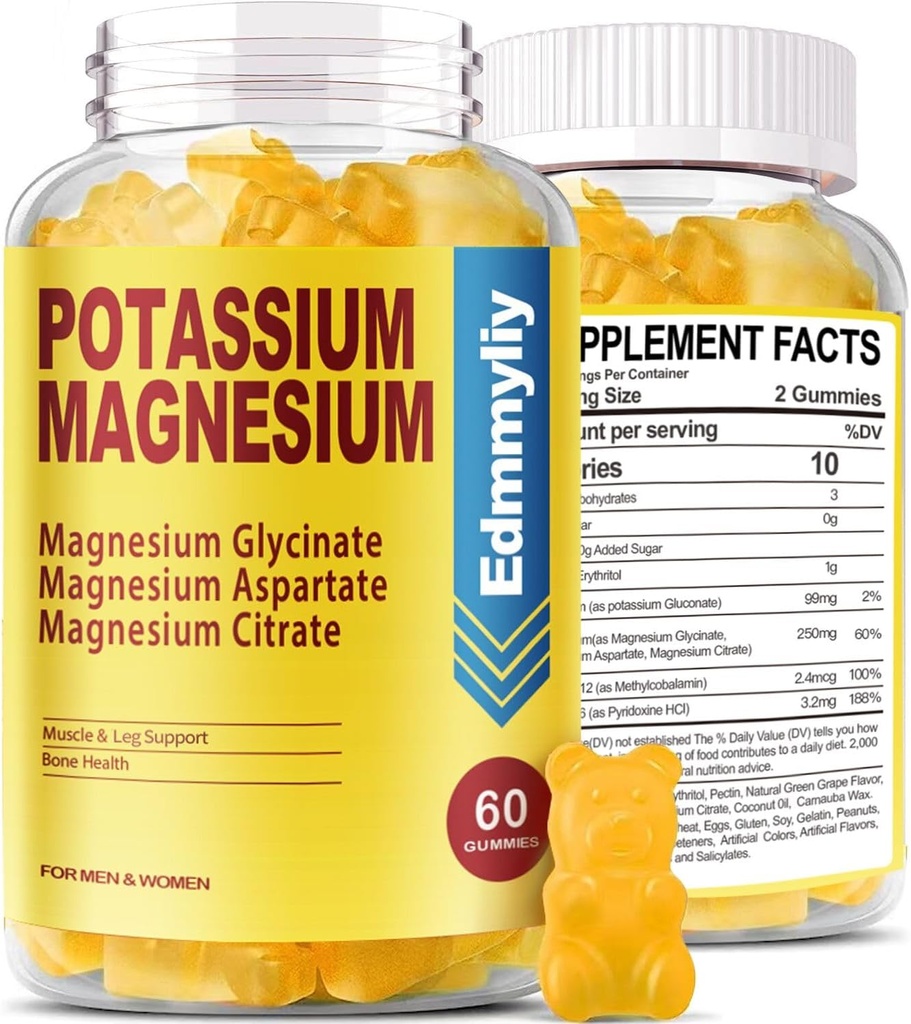 Supplément de magnésium de potassium Gommies pour adultes Haute absorption Gluconate de potassium 99mg Citrate de magnésium 250mg avec vitamine B6 B12 soutient l'humeur, l'énergie, la relaxation musculaire, la santé osseuse, sans sucre