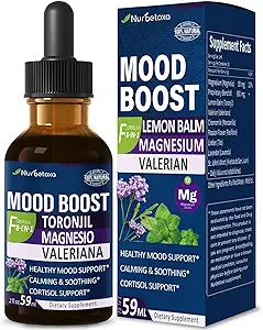 Lemon Balm Mood Boost Drops, Gotas de Citrato de Magnesio, Toronjil y Valeriana para Dormir y Ansiedad, Calme naturel, Cortisol Balance, favorise la relaxation avec/Magnésium extrait liquide.2oz