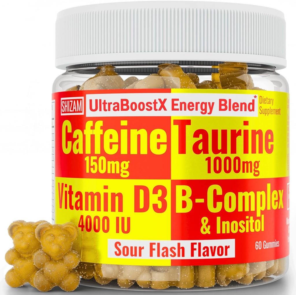 SHIZAM Taurine 1000mg Caféine 150mg Energy Gummies w D-3 B-12 B complexe Inositol, Gel Gels Vitamines Boissons Vitamines Capsules Boissons Shot Chews Pills Poudre Alt, Runners Suppléments