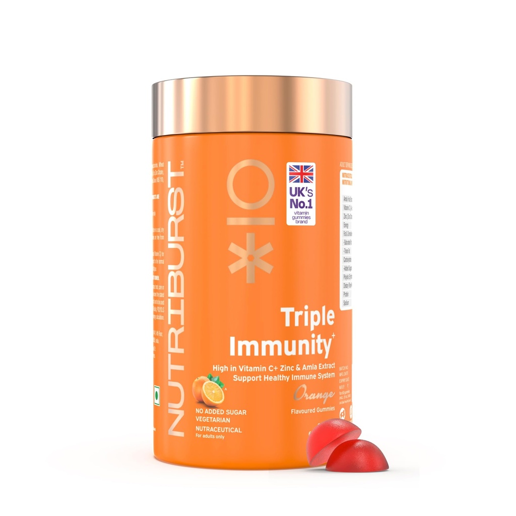 Nutriburst Triple Immunity Gummies with Vitamin C, Zinc and Amla extract | No-Added Sugar | Orange Flavor | 100% Vegetarian | 60 Gummy
