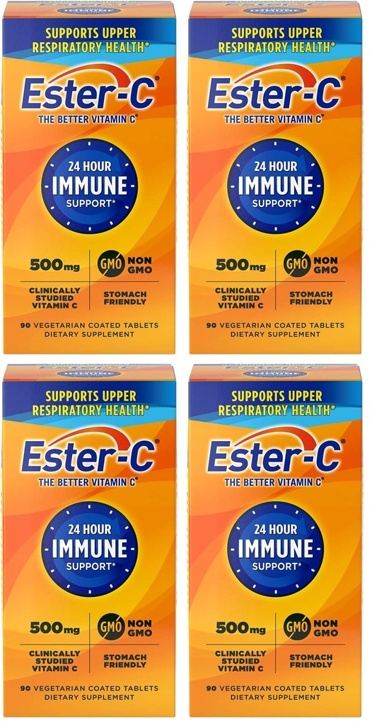 Ester-C 500 mg 24 heures Comprimés de vitamine C pour le soutien immunitaire, supplément de vitamine C, 90 Compte (paquet de 4)
