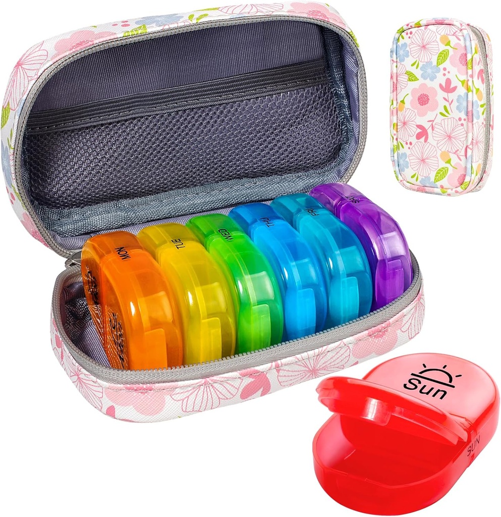 Serfeymi Weekly Travel Pill Organizer 2 fois par jour AM PM Upgraded Rainbow Pill Box 7 Day with Portable Zipper Pill Case en cuir PU, Organisateur de médecine pour les pilules, vitamines, huiles de poisson - Floral 01