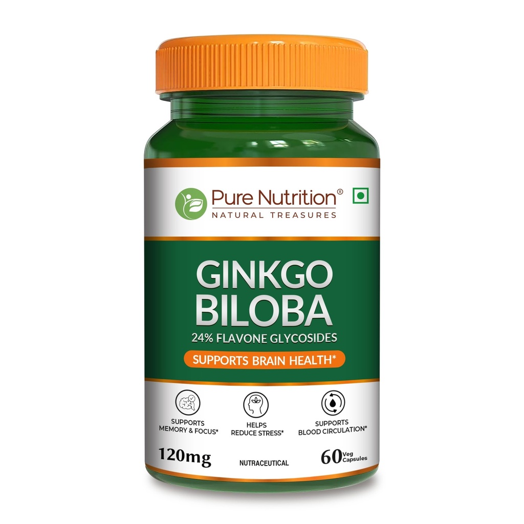 Pure Nutrition Ginkgo Biloba | Gingko Biloba Capsules Supports Memory, Better Concentration | 24% Flavone Glycosides Helps Reduce Stress & Improve Blood Circulation - 60 Veg Capsules
