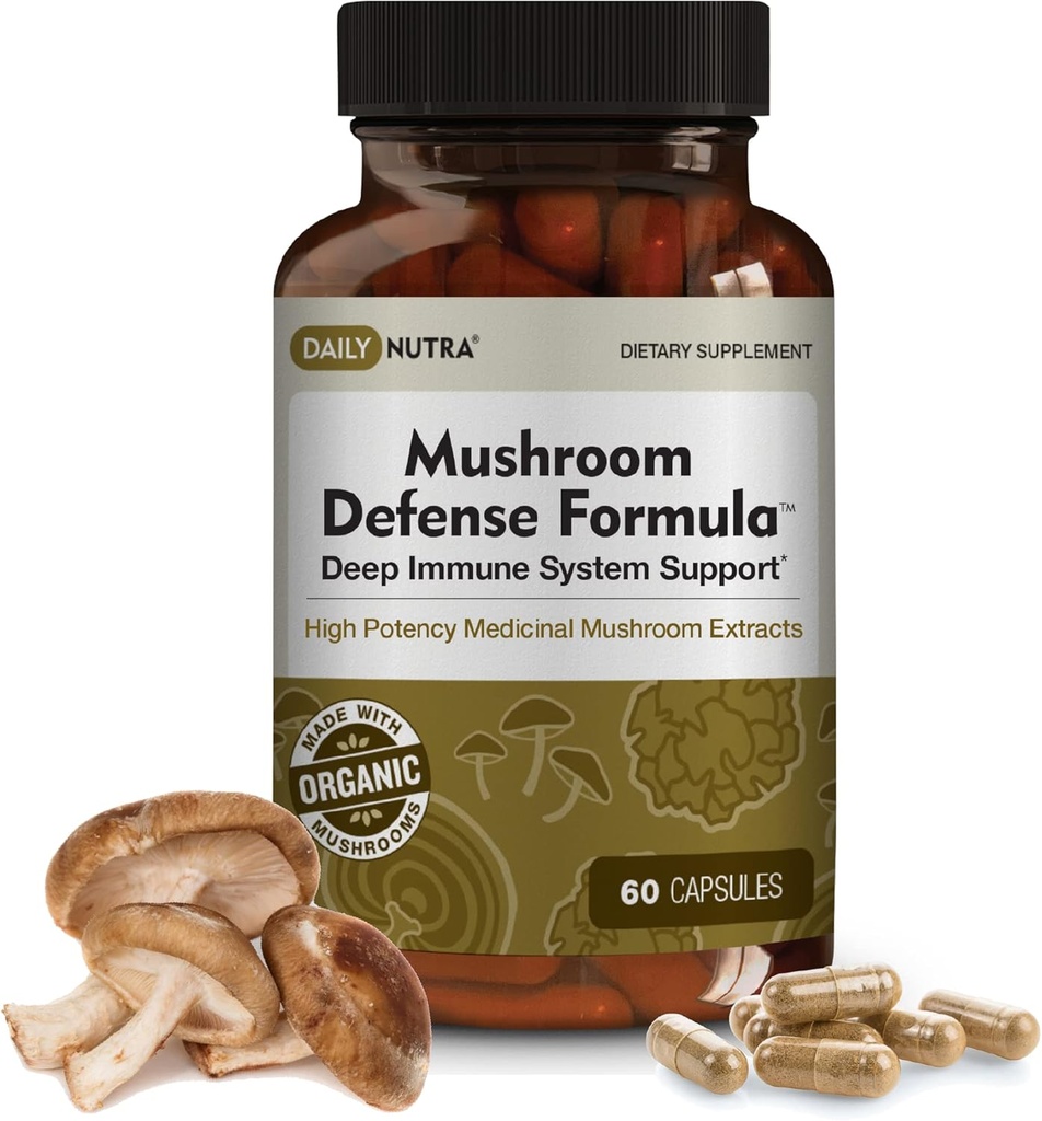 DailyNutra Formule de Défense des Champignons - Supplément de Support Immunissable: Champignons organiques, eau chaude extraite - Reishi, Chaga, Maitake, Shiitake & Turkey Tail (60 capsules)