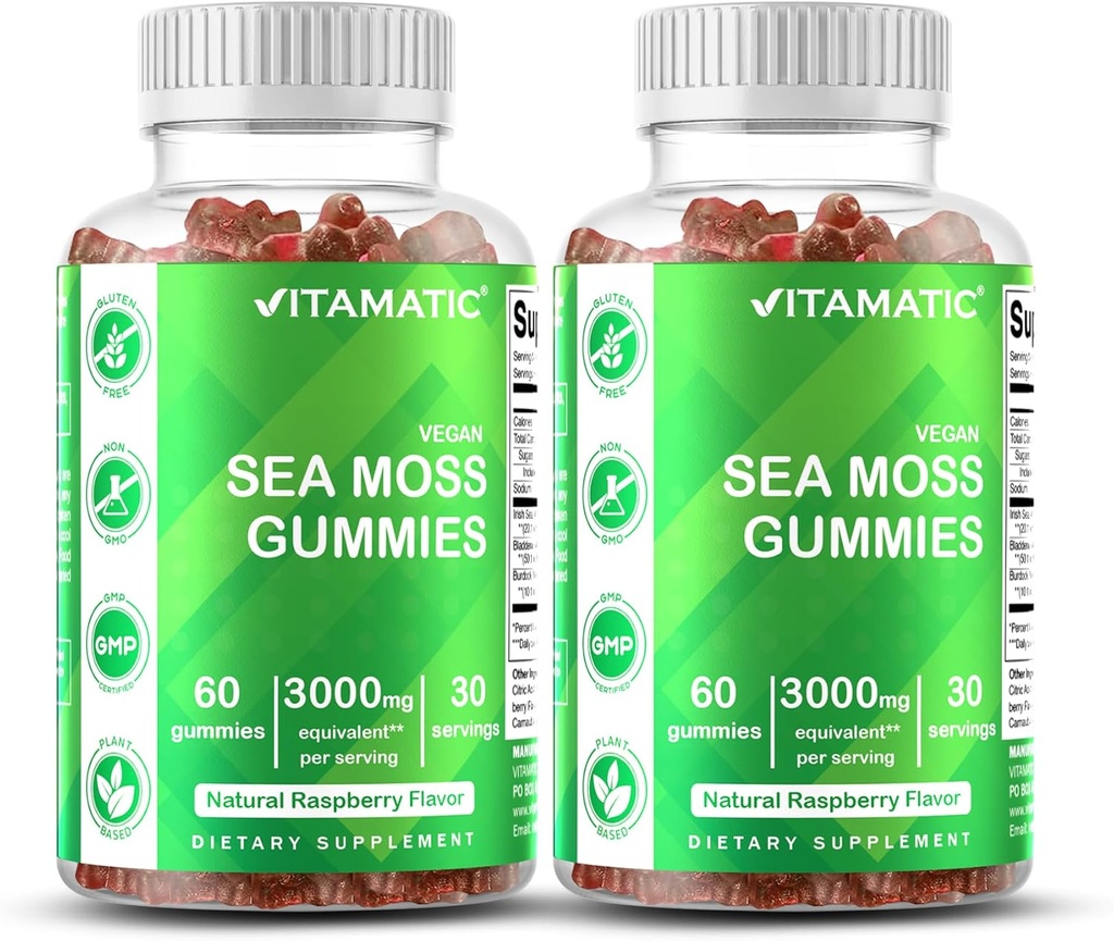 Gommies de mousse de mer d'Irlande vitamatique – 3000 mg Équivalent par portion (extrait 132,5 mg) – 60 Ct – Fabriqué avec de la racine de bradderwrack et de lard – 2 paquets