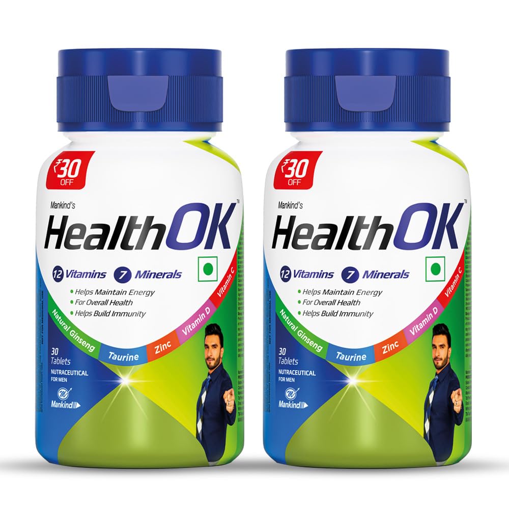 Health OK Multivitamin with Natural Ginseng, Taurine power, Daily Energy, alertness, Vitamin D, C & other 18 multivitamins minerals, for Overall Health, 60 Tablets (Veg)