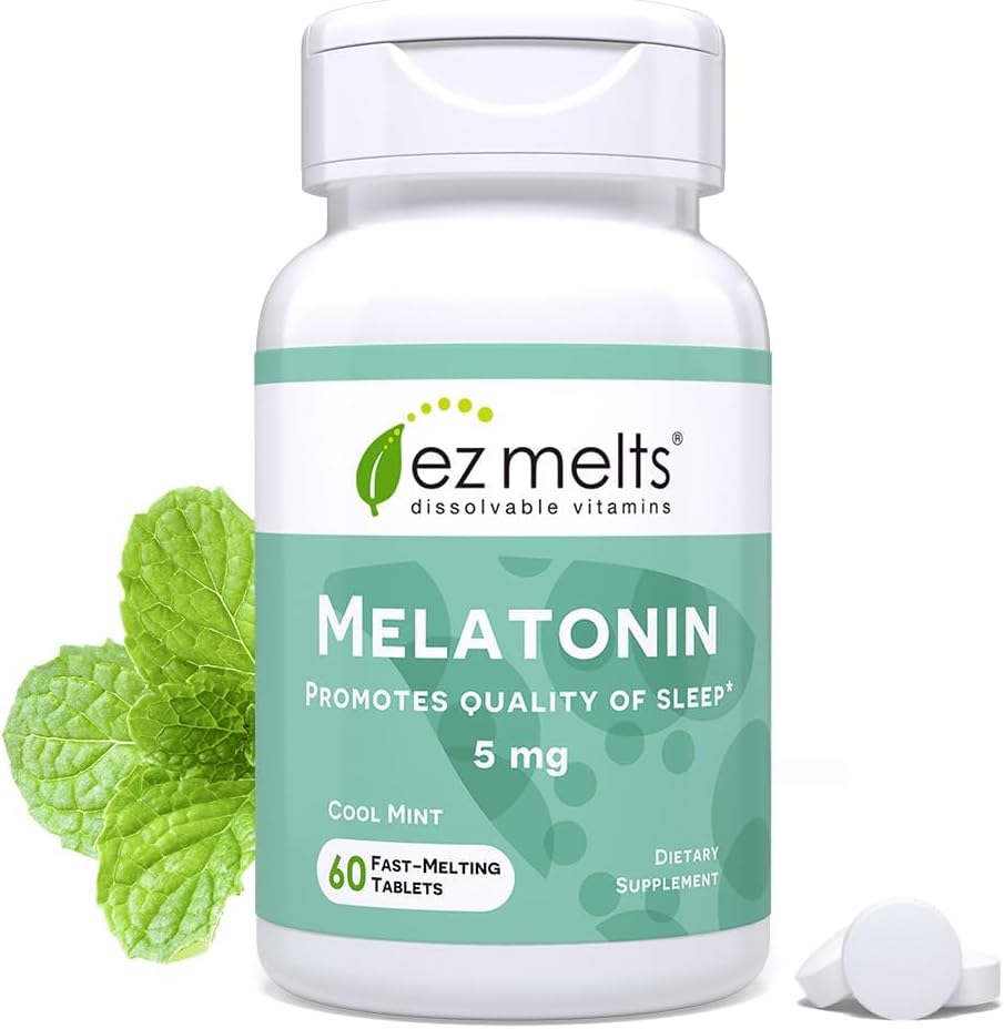 EZ Melts dissolvable Melatonine, 5 mg, sans sucre, 2 mois d'approvisionnement, aromatisé à la menthe fraîche - 1 emballage