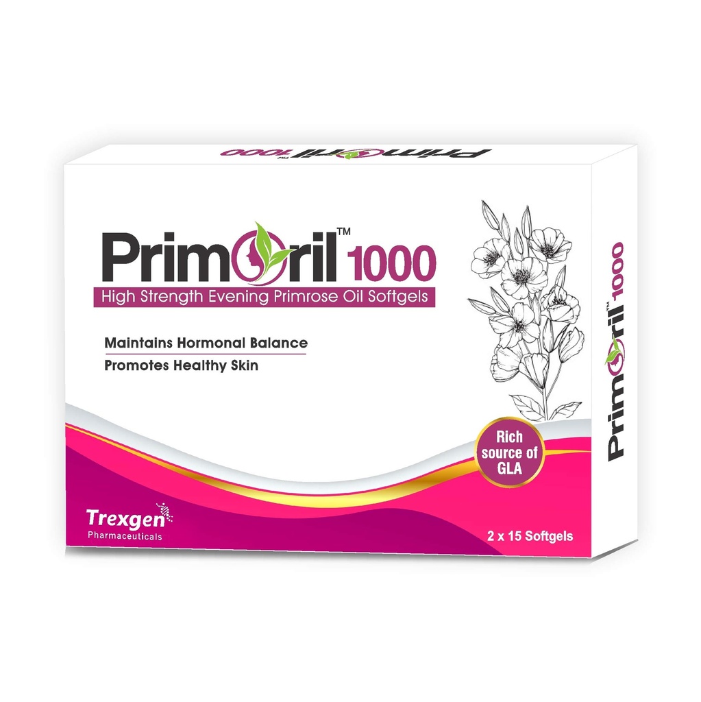 Trexgen PRIMORIL 1000mg Evening Primrose for Women's Health & Skin Care (30 Softgels) (1 BOX)